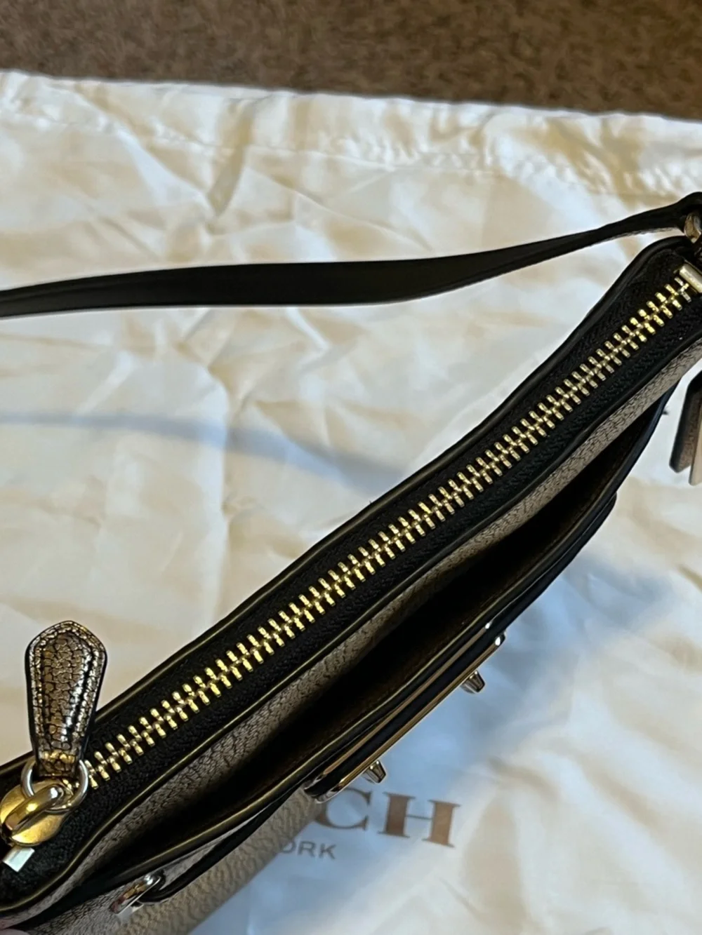 Coach Swagger Swingpack Metallic Gold Crossbody Bag with Turnlock Detail and bag